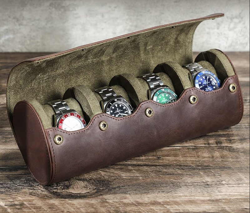 Leather Watch Box with Four Compartments, Handmade Genuine Leather, Egg-Shaped, Portable, Mechanical and Electronic Watch Storage Case